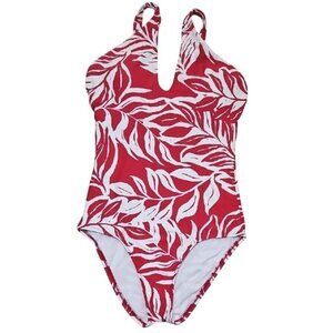 Apt. 9 Red and White Leaf Print One Piece Swimsuit Medium Tropical Beach Women's